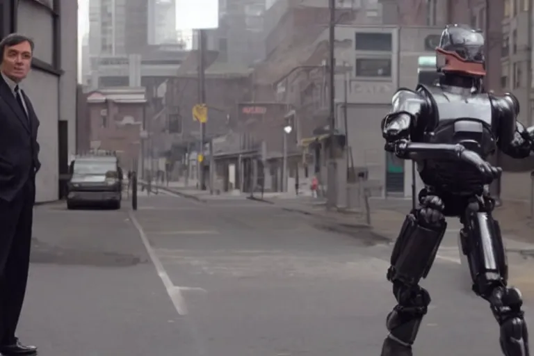 Prompt: VFX movie where Mr. Bean plays Robocop by Paul Verhoeven