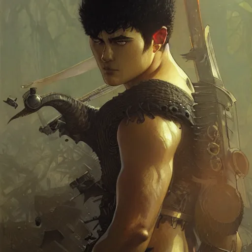 Image similar to guts from berserk , highly detailed, digital painting, artstation, concept art, sharp focus, illustration, art by greg rutkowski and alphonse mucha