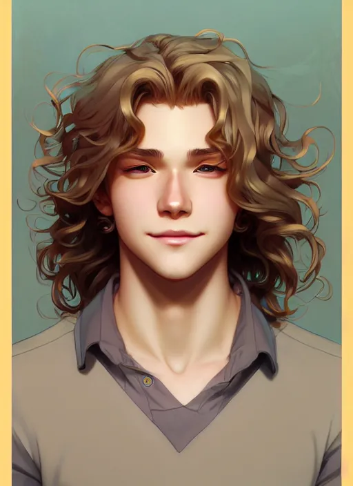 Image similar to young man with medium - length, curly, golden hair, perfectly proportioned face, aquamarine eyes, sweet smile, natural lighting, path traced, highly detailed, high quality, cartoon, digital painting, by new haicheng and ross tran and studio ghibli and alphonse mucha