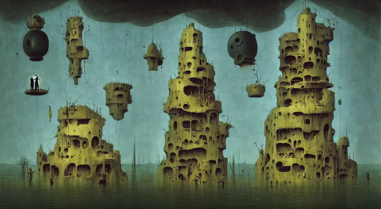 Image similar to single flooded simple!! hive tower anatomy, very coherent and colorful high contrast masterpiece by franz sedlacek hieronymus bosch dean ellis simon stalenhag rene magritte gediminas pranckevicius, dark shadows, sunny day, hard lighting