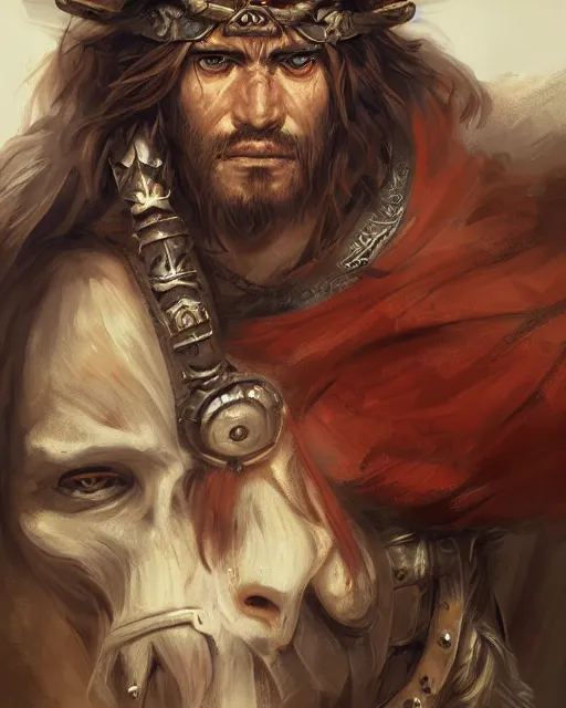 Image similar to portrait of an angry spanish conquistador by filipe pagliuso and justin gerard, symmetric, anatomy, facial features, detailed, intricate, portrait, digital painting, princess mononoke color scheme, masterpiece