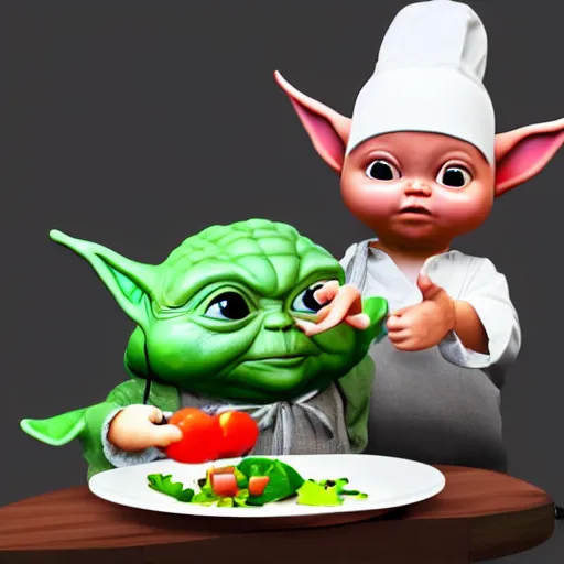 Prompt: hungry chubby babyfat baby yoda as chef wearing white chefs hat and white apron, giving thumbs up next to a plate of food, vegetables, photography, hyperrealism, unreal engine, octane 3 d render, houdini, unity 3 d, highres, adobe premier pro, trending on artstation, trending on deviantart, thisistheway