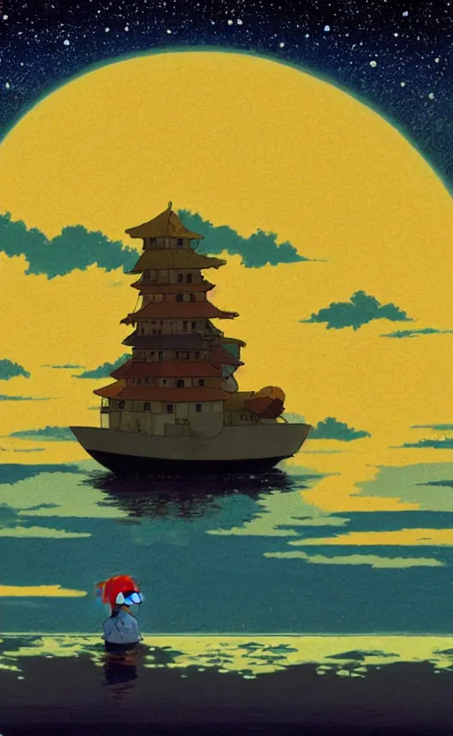 Image similar to a very dull wide shot still from ponyo ( 2 0 0 8 ) of matsushima bay on a starry night. an old monk is nearby. perfect art, grimdark, trending on pixiv fanbox, painted by studio ghibli