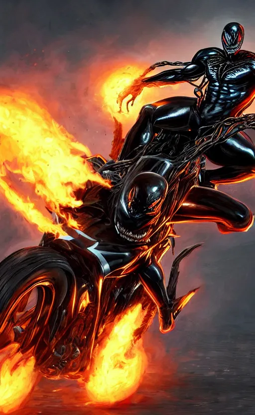 Image similar to venom as ghost rider on a motorcycle, dynamic lighting, photorealistic fantasy concept art, trending on art station, stunning visuals, terrifying, creative, cinematic