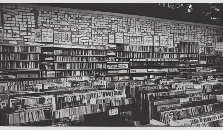 Image similar to a record store designed by gustave dore, 3 5 mm film, long shot