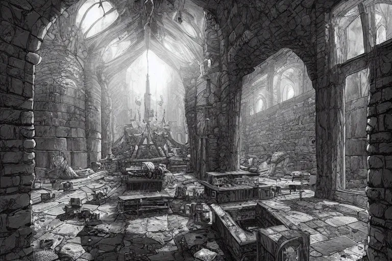 Image similar to black and white one point perspective apothecary dungeon rpg fantasy dungeon hall view by artgerm and Craig Mullins, James Jean, Andrey Ryabovichev, Mark Simonetti and Peter Morbacher 16k