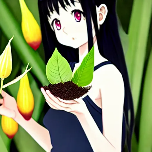 Prompt: pale anime girl with black hair, holding brugmansia flower in her hand, colour