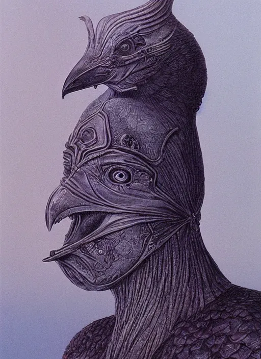 Image similar to young female in detailed golden mask of raven by Wayne Barlowe