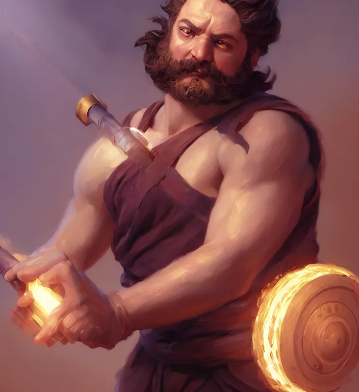 Prompt: masterpiece portrait of a greek god hephaestus, top lighting, holding forge hammer, art by charlie bowater and wenjun lin and starember and gil elvgren, ilya kuvshinov, cryengine, lumion render, 8 k realistic hyper detailed, digital painting, artstation, concept art, ray tracing, realistic shaded