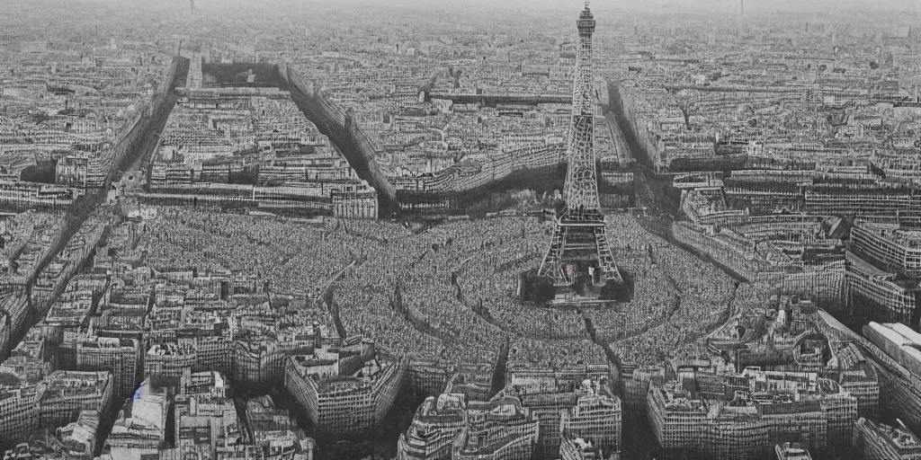 Prompt: a crowd of 6 0, 0 0 0 protesting around the eiffel tower, bird's eye view, polaroid, 6 0's, hyperrealism, no blur, 4 k resolution, ultra detailed