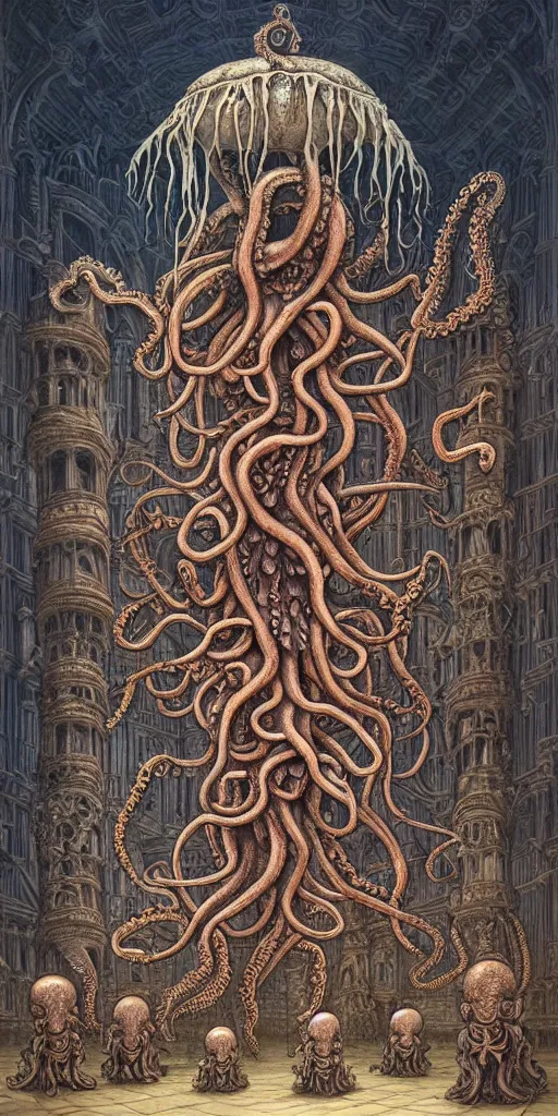 Image similar to group of mankind mages with octopus heads with jellyfish inside an ancient mage castle hall colossal scale, gothic and baroque, brutalist architecture, ultradetailed, Intricate by James Jean and Josan Gonzalez and John Howe and Giuseppe Arcimboldo