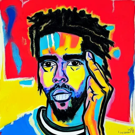 Prompt: portrait of j cole in a sweatshirt in the style of basquiat, colorful, artistic, vibrant, high fashion, art