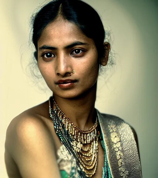 Image similar to vintage_closeup portrait_photo_of_a_stunningly beautiful_nepalese_woman with amazing shiny eyes, hyper detailed by Annie Leibovitz
