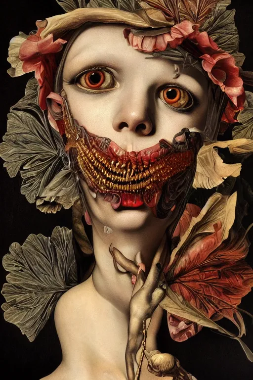 Prompt: Detailed maximalist portrait with large lips and with large, wide eyes, expressive, extra flesh and bones, HD mixed media, 3D collage, highly detailed and intricate, surreal, illustration in the style of Caravaggio, dark art, baroque