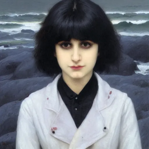 Image similar to 1 7 - year - old pale - skinned persian girl with black long bob cut, long bangs, black gothic jacket, black jeans, psychic girl, psychokinetic girl, standing on cliff along the irish coast, overcast gray skies, ultra - realistic, sharp details, subsurface scattering, intricate details, art by william - adolphe bouguereau