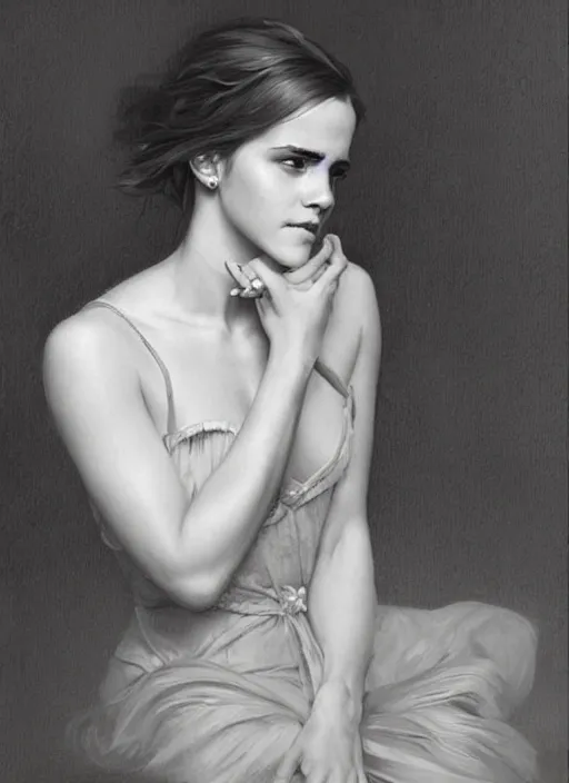 Image similar to oil painting of emma watson giving biting her lip seductive look. beautiful detailed face. by artgerm and greg rutkowski and alphonse mucha