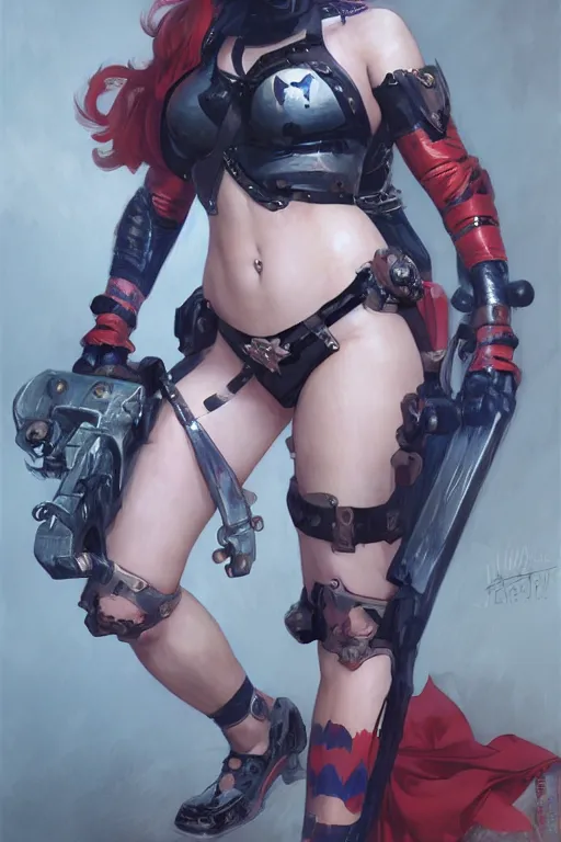 Image similar to a portrait of Harley Quinn in bikini armor, Warhammer 40000, cyberpunk, intricate, elegant, highly detailed, digital painting, trending on artstation, concept art, smooth, sharp focus, illustration, art by Ruan Jia and Mandy Jurgens and Artgerm and william-adolphe bouguereau and greg rutkowski and alphonse mucha