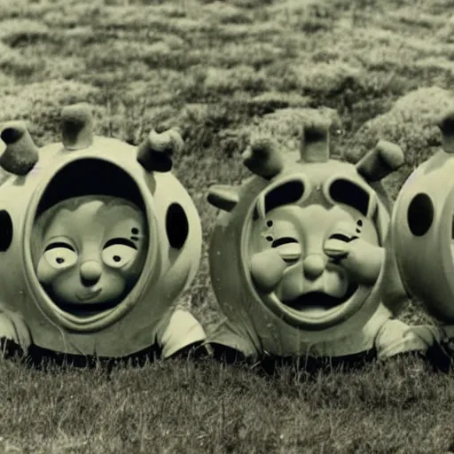 Image similar to creepy retro photograph of the teletubbies