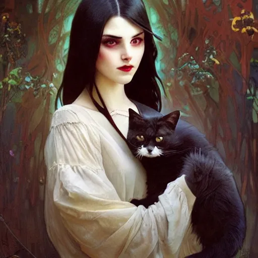 Image similar to cute!!! goth girl with long dark hair parted sideways thick eyebrows and dark eyes, she is holding a cat in her arms, by juan villafuerte, greg rutkowski and alphonse mucha, pexels contest winner, high quality photo, rtx, hd