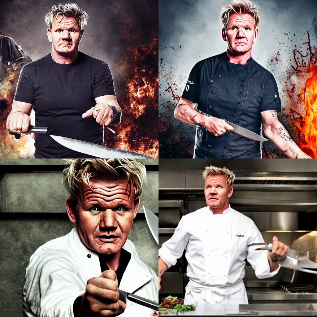 Prompt: gordon ramsay surviving a zombie apocalypse, wielding a chef's knife