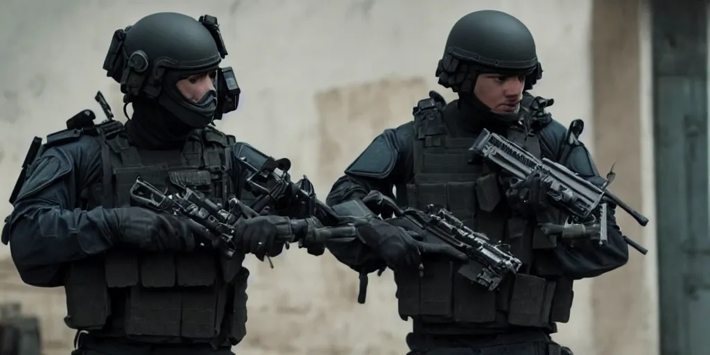 Image similar to vfx film, swat team squad crew, breach and clear, gang house, flat color profile low - key lighting award winning photography arri alexa cinematography, cinematic beautiful natural skin, famous face, atmospheric cool color - grade