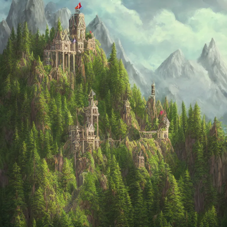 Image similar to a beautiful ultradetailed painting of an elegant high fantasy surreal arcane castle on a green mountain above a forest by wes anderson trending on artstation