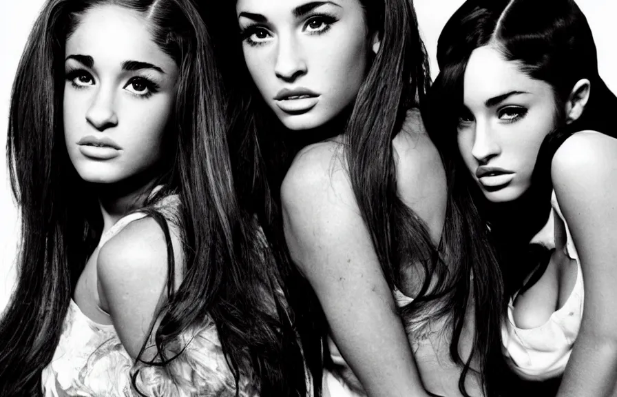 Prompt: award winning photo of Ariana Grande together with Megan Fox, symmetrical face by Sally Mann & Arnold Newman