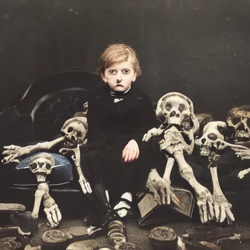 Image similar to a color photo of young sad victorian gothic child with big eyes and wide grin sitting on a sofa of bones surrounded by a cyber futuristic cityscape made of human body parts, sigma 8 5 mm, award winning photography