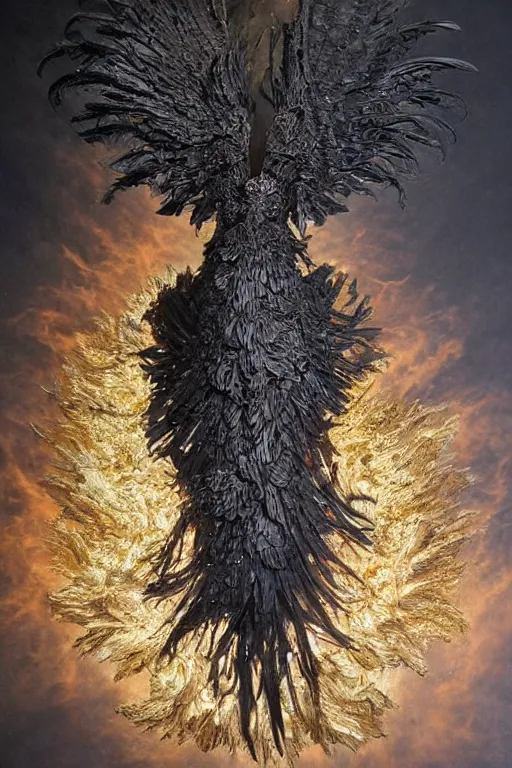 Image similar to Intricate stunning highly detailed raven by agostino arrivabene and Vladimir Kush, surreal metal sculpture, ultra realistic, Horror, dramatic lighting, full moon, blood moon, thick black swirling smoke tornado, burning fire embers