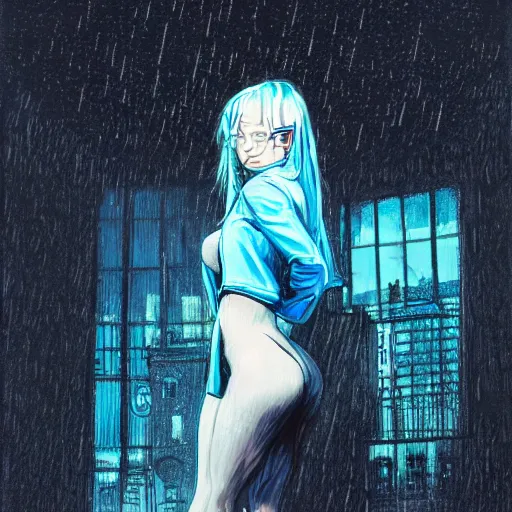 Image similar to low - angle shot from behind of a girl with light blue straight hair in a blue tailcoat overlooking noxia, combat boots, noir, sharp focus, intricate, illustration, wet reflections, rain, highly detailed, art by frank frazzeta, james jean