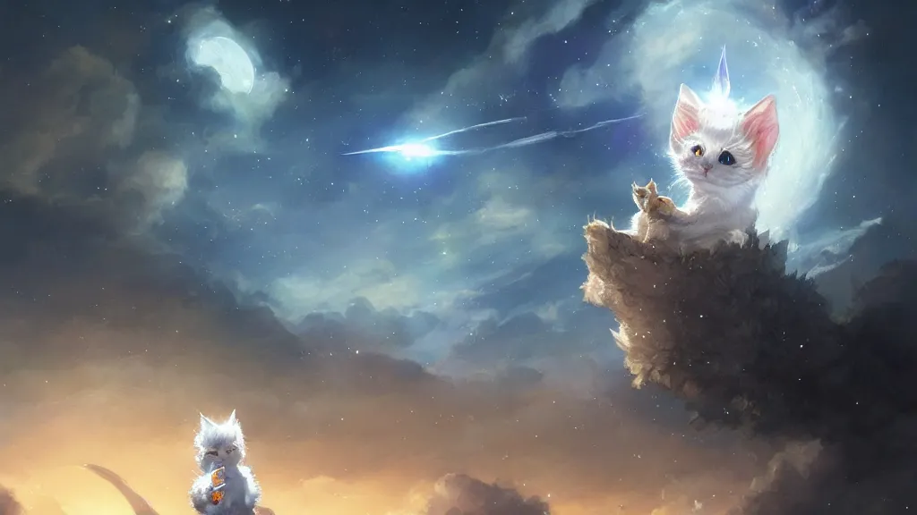 Image similar to a single cartoonish kitten dressed as Gandalf floating in space, bright stars, anime, a fantasy digital painting by Greg Rutkowski and James Gurney, trending on Artstation, highly detailed