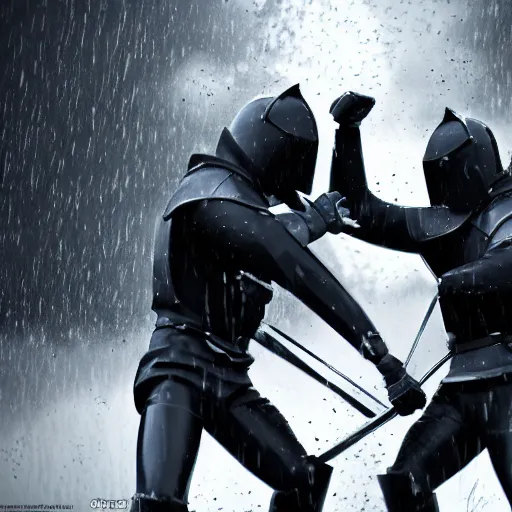 Image similar to Two Black Knights fighting in the rain, 8k resolution, artstation trending