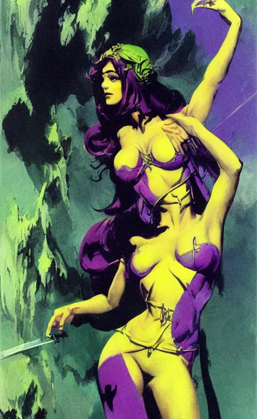 Prompt: princess of zothique, by frank frazetta, vibrant colors, yellow purple green, minimalist