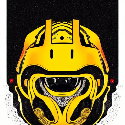 Image similar to helmet lion cyberpunk made of yellow lava and fire in angga tantama style, profile portrait, digital illustration, vector art, drawing, mecha, epic size, epic scale, macro art