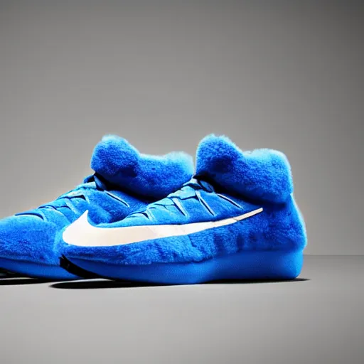 Prompt: poster nike shoe made of very fluffy blue faux fur placed on reflective surface, professional advertising, overhead lighting, heavy detail, realistic by nate vanhook, mark miner