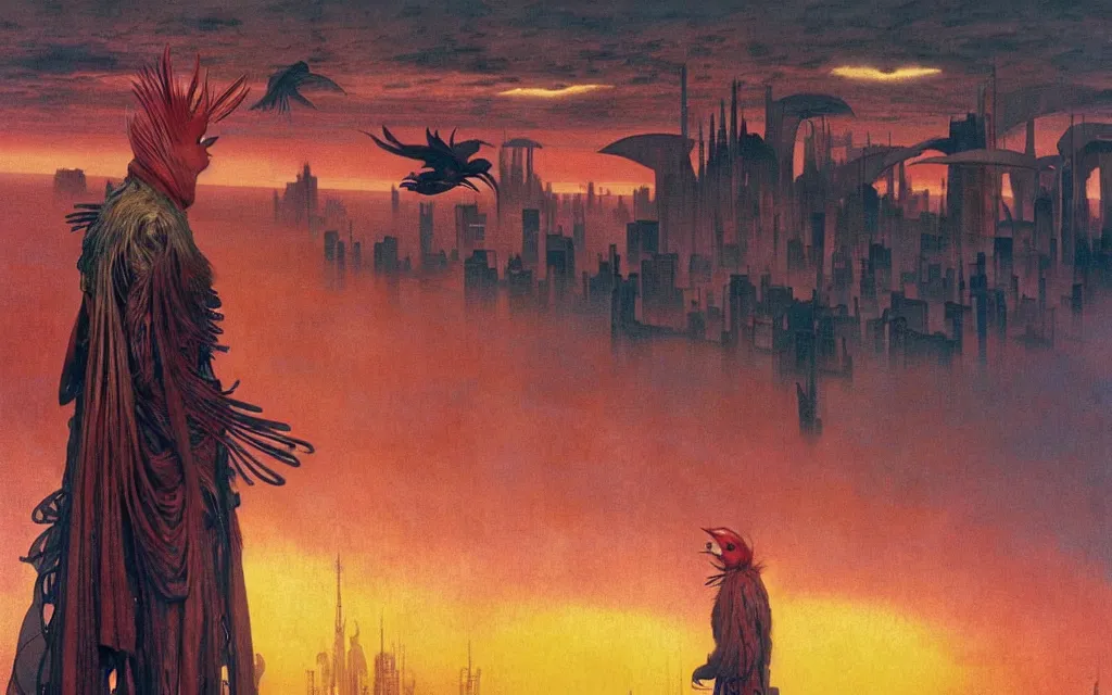 Image similar to realistic detailed portrait movie shot of a birdman wearing dark ragged robes, futuristic city sunset landscape background by denis villeneuve, amano, yves tanguy, alphonse mucha, ernst haeckel, max ernst, roger dean, rich moody colours