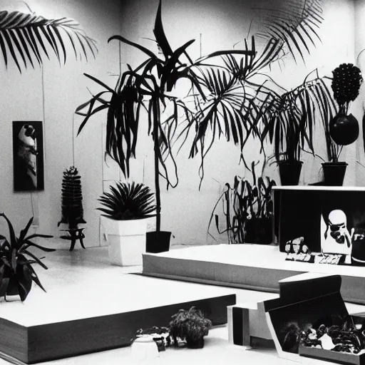 Image similar to A black and white photo in sérigraphie of an exhibition space with works of Sun Ra, Marcel Duchamp and tropical plants, 60s style, art magazine