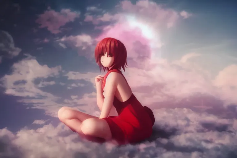 Prompt: a cute anime girl sitting on a cloud relaxing, red lighting, mist, blender render,