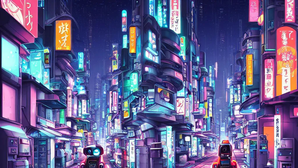 Image similar to street view of futuristic robot tokyo city at night by cyril rolando and naomi okubo and dan mumford and ricardo bofill. robots. robots walking the streets. advertisements for robots. robot shiba inu being walked by robots. robot city. neon advertisements.