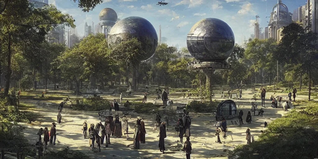 Image similar to a solarpunk city and park with a glorious spherical sci-fi building at its centre, bright and sunny day, Greg Rutkowski and Ivan Shishkin