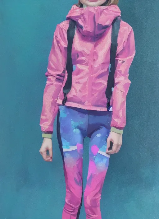 Image similar to a painting of a girl wearing a chloma designed anorak with skinny legs and futuristic leggings