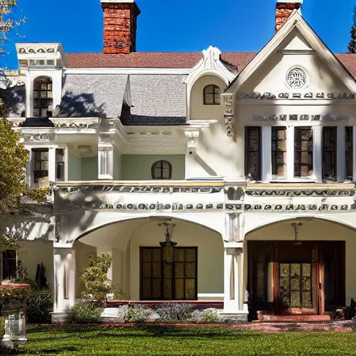 Prompt: stucco tudor with wood and tile white being mansion by mcalpine house, by jackson & leroy architects