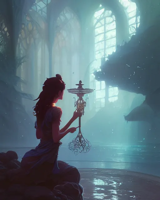 Image similar to highly detailed vfx portrait a mage casting a water spell, stephen bliss, unreal engine, greg rutkowski, loish, rhads, beeple, makoto shinkai and lois van baarle, ilya kuvshinov, rossdraws, tom bagshaw, alphonse mucha, global illumination, detailed and intricate environment