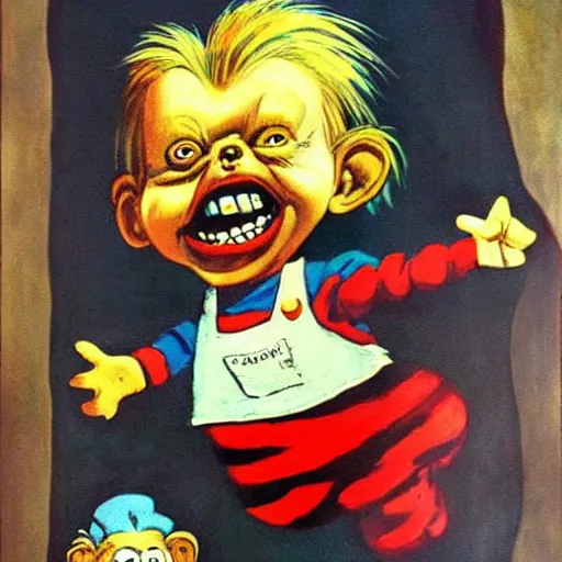 Prompt: painting of chucky by dr seuss | horror themed | creepy