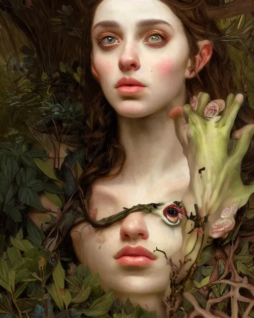 Prompt: close up portrait of yael shelbia as an elf in mysterious forest with an eye patch, by edgar maxence and caravaggio and michael whelan and delacroix style, artistic, intricate drawing, light brazen, realistic fantasy, extremely detailed and beautiful aesthetic face, 8 k resolution, dramatic lighting