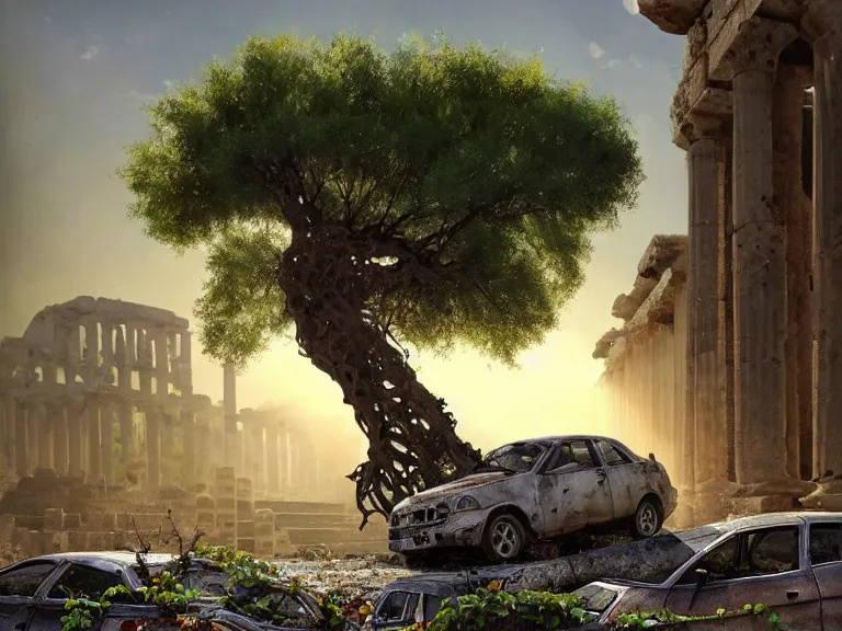 Prompt: a tree growing on a scrap car in ancient greek ruins, gray wasteland, many scrap cars, trash, rubble, overgrown, pillars and arches, colorful flowers, vines, hyperrealistic, highly detailed, cinematic, ray of golden sunlight, beautiful, cgsociety, artstation, 8 k, oil painting by greg rutkowski, by artgerm, by wlop