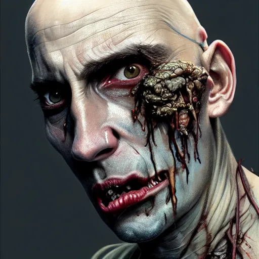 Image similar to portrait painting of a bald vampire with rotting skin and a popped eye wearing battered vietnam fatigues, ultra realistic, concept art, intricate details, eerie, highly detailed, photorealistic, octane render, 8 k, unreal engine. art by artgerm and greg rutkowski and charlie bowater and magali villeneuve and alphonse mucha