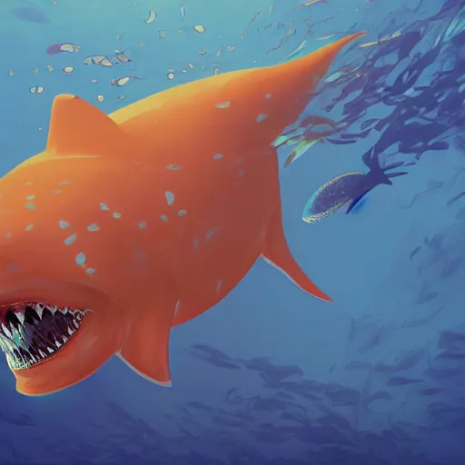 Image similar to orange and white traffic cone great white shark eyes and teeth teeth teeth teeth teeth, cute, beautiful, wide shot, underwater background detailed atmospheric - ron cheng & alphonse mucha, highly detailed, digital painting, ray tracing, concept art, illustration, smooth sharp focus, intricate, symmetry, artstation,