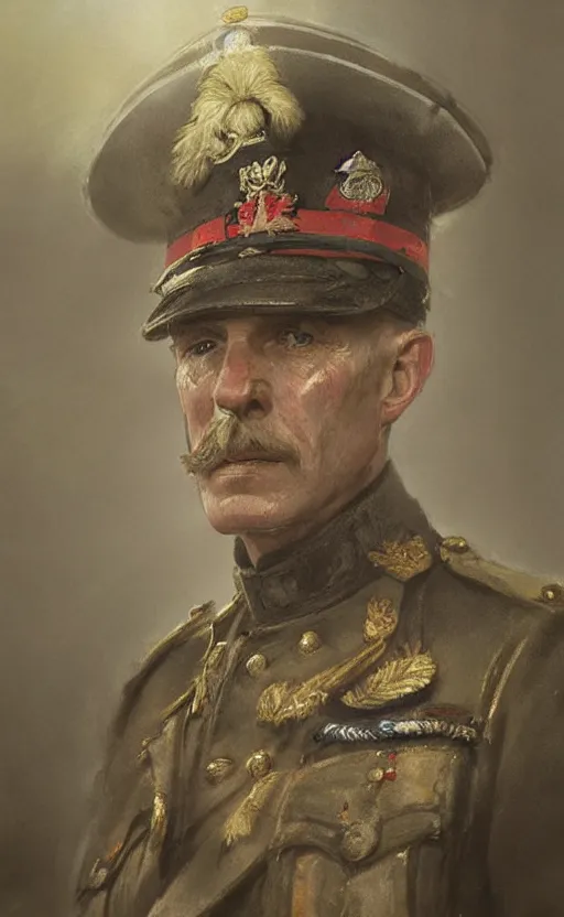 Prompt: official portrait of a British general WWI, detailed face, 20th century, highly detailed, cinematic lighting, digital art painting by greg rutkowski