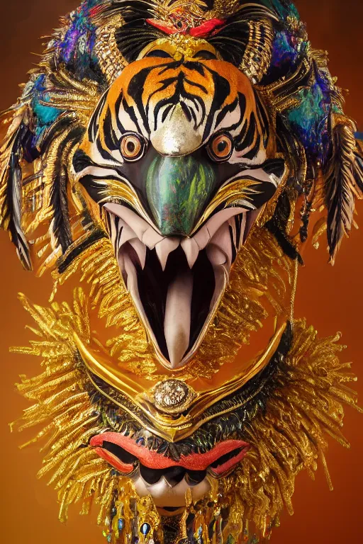 Image similar to masterful fantastic realist painting an exotic ancient feathered and bejeweled bird wearing an exquisite and fiercely painted bugaku mask of a tiger, gold chains strung like tinsel, digital painting trending on artstation, viciously blinded, volumetric lighting and mist, cosplay, portrait painting, hyperrealistic, octane render